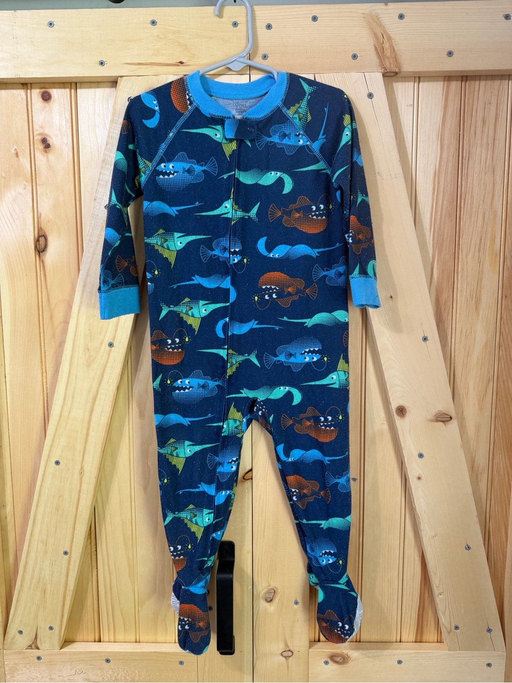Carter's Navy Fish Print Footed One-Piece Pajamas with Aqua Trim